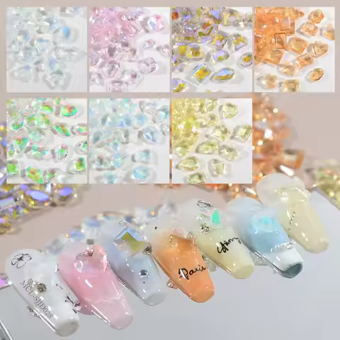Mixed Set of 50 Rhinestones for Nail Decoration, Glass Crystal Pointed Bottom Nail Art Drill, in Aur