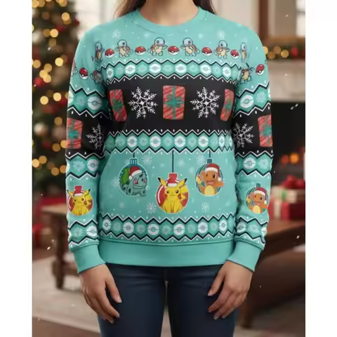 Pokémon Ugly Christmas Sweatshirt for Adult Pikachu Squirtle Charmander Print Snowflake Gift Poké Ba