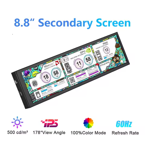 Wisecoco 8.8" FHD Long Wide Monitor With Case 1920*480 PC Temperature Display PC Sensor Panel Displa