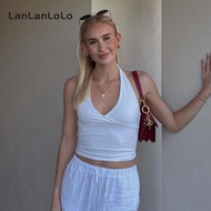 SUPER SPECIAL LanLanLoLo Women 2024 Solid Color Fashion Simple Sexy Halter V Neck Backless Crop Navel Casual All Match Tank Top