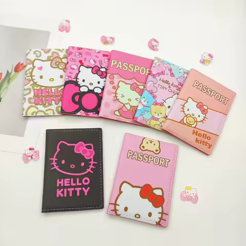 Pink Hello Kitty Passport Cover Sanrio Credit Card Holder Ladies PU Leather Business ID Card Bag Wom