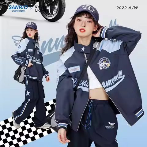Sanrio Cinnamoroll Kuromi My Melody Anime Biker Coat Racer Jacket Cartoon Female Loose Warm Windproo