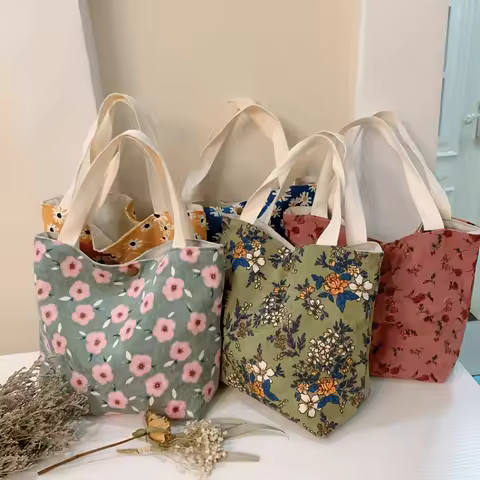 Women's Girls' Work Bag Tote Corduroy Daily small green flowers Corduroy Blue Daisy Portable Corduro