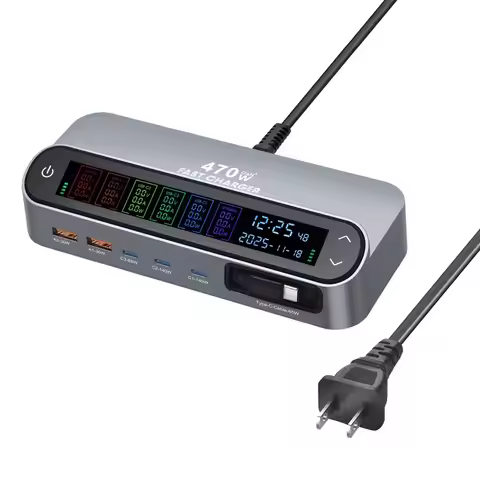 470W Desktop Charger with Retractable Cable 140W Super Fast Charging PD3.1 Digital Display Charger