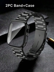 1 Pc Stainless Steel Solid 3-Pearl Metal Watch Band + 1 Pc PC Hard Material Black Protective Case An