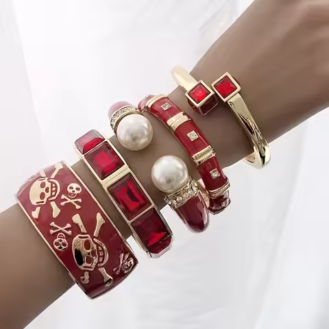 Elegant Charm Red Zinc Alloy Enamel Bangles Geometric Irregular Wide Cuff Bangle Bracelets For Women