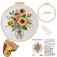 DIY Embroidery Kit Flower Bouquet Pattern | Sunflower Vase Hand Embroidery Starter Kit | Needlework 