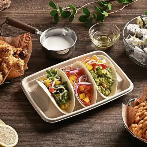 50Pcs 3 Compartments Disposable Taco Plates with Lid Biodegradable Taco Holder Stackable Pulp Taco S