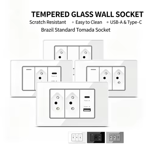 White Tempered Glass Smart Wall Socket Brazil Standard Outlet Double USB Type‑C Switch 10A 20A Smart