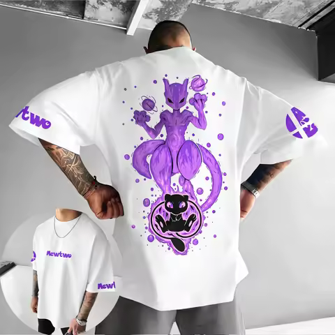 Pokemon Men's and Women's Summer Cotton T-shirt New Mewtwo Colorful Printed Harajuku Casual Loose Y2
