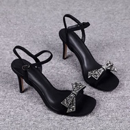 Women Sandals with Stilleto Heels Korean Style Fashion Fairy Bow Strap Black High Heels for Girls Of