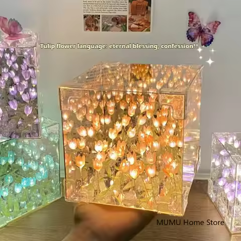DIY 3D Cloud Tulip LED Night Light Flower Sea Mirror Table Lamps Cube Mirror Atmosphere Night Light 