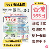 香港本地【365日 77GB + 2000分鐘通話+ 送$38儲值額】4G高速數據上網卡 可增值儲值卡 電話卡 電話咭 Data Sim咭