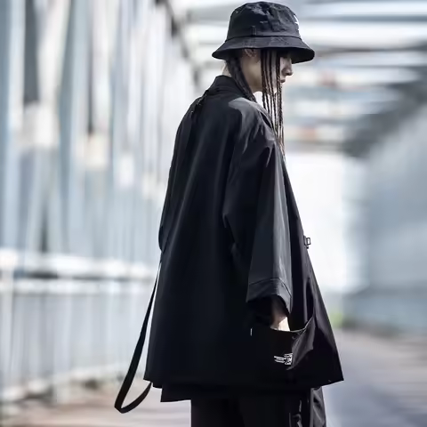 Techwear Style Japanes Kimono Multi-pocket Jackets For Man Y2K Fashion High Street Ribbon Patchwork 