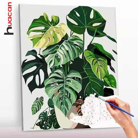 Huacan Oil Painting By Numbers Paint By Numbers On Canvas Green Potted Plants Coloring By Numbers Le