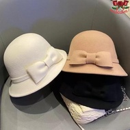 MALCOLM1 Bow Topper Hat, Solid Color French Style Women Fisherman Hat, Vintage Keep Warm Flat-top He