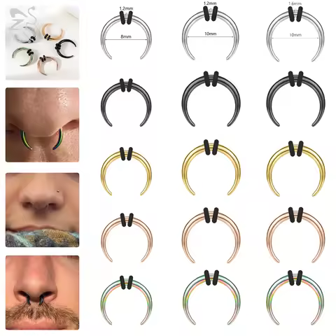ZS 1PC 14G/16G Stainless Steel Tapered Buffalo Nose Ring Horn Tusk Black Punk Septum Nose Piercing O