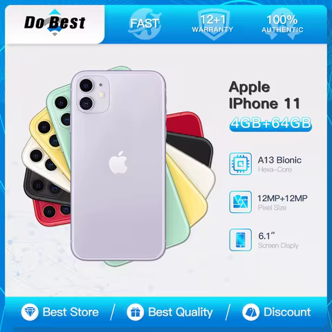 Original Unlocked Apple iPhone 11 4G LTE Mobile Phone NFC 64/128/256GB ROM 6.1'' IPS Screen 12MP A13