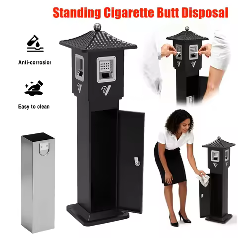 Cigarette Bin with Inner Bucket Trash Receptacle Outdoor Metal Vertical Trash Bin for Porch/Guest Ar