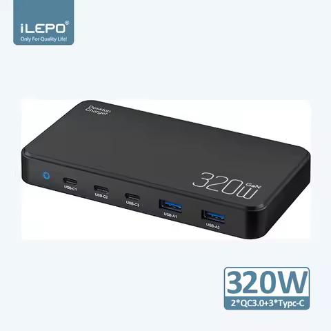 320W/120W PD3.0 GaN USB-C Charger Station for Cellphones, 5-port Fast charging Hub, Smart Multiple A