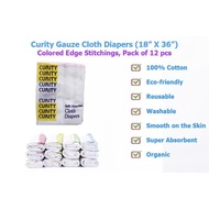 Curity Organic Cloth Gauze Diaper 12 pcs(size 18" x 36",Colored Edge Stitchings) Reusable Diaper Clo