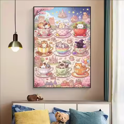 DIY Diamond Painting Cute Cartoon Kitten In Teacup Fairy Tale Castle Cherry Blossom Fantasy Town Han
