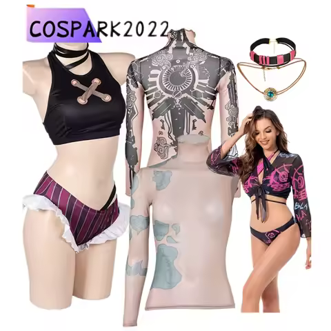 LoL Arcane 2 Jinx Cosplay Swimsuit Costume VI Women Disguise Tattoo Printed Tops Shirt Necklace Outf