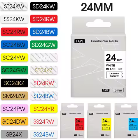 1PCS 24mm Label SS24KW Compatible for Epson Tape LK-6WBN Black on White SC24RW SC24YW SC24BW SC24GW 
