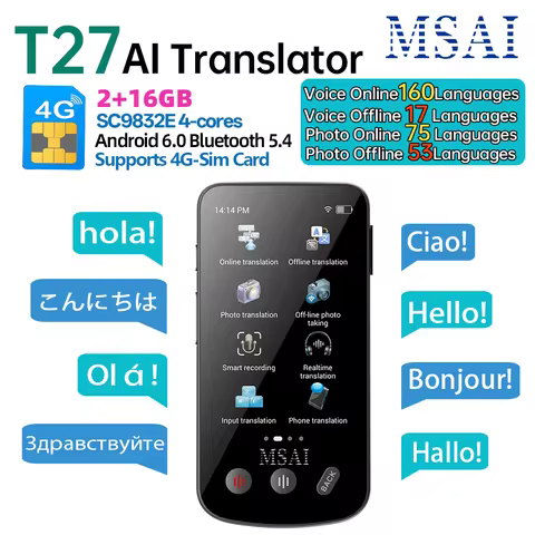 MSAI T27 160 Languages Translator Device 4G Sim 2+16GB Voice Photo Translate AI Real Time Online Off