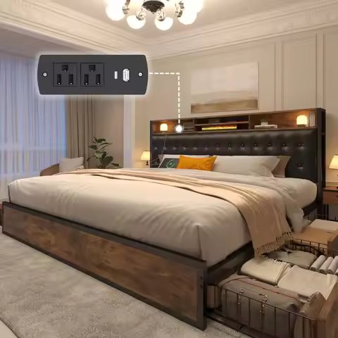 NEW.King Size Bed Frame with 4 Drawers King Bed Frame and Headboard UpholsteredKing Size Bed Frame w