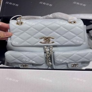 Chanel 青蛙Duma 官方中號20cm 菱格對版 魚子醬牛皮