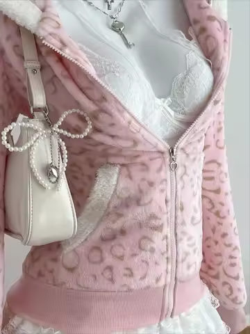 Cute pink Leopard Pint Hooded Y2k Clothes Aesthetic 2000s Vintage Kpop Women's Sweatshirts Zip-up Gr