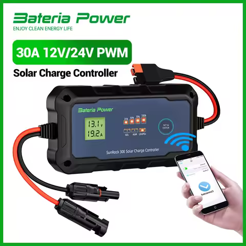 30A Solar Charge Controller 12V24V PWM Built-in BTAPP Control,Bateria Power Intelligent Plug and Pla
