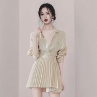 2022 New Style Careful Machine Design Apricot Long-Sleeved Shirt+Pleated Skirt Dating Matching Suit 