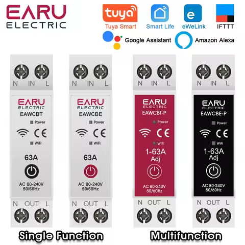 Tuya eWeLink MCB WiFi Smart Circuit Breaker 1P+N 63A Time Relay Switch Energy Meter kWh Voltage Curr