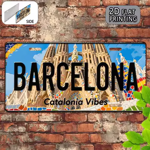 2D flat, Barcelona retro metal aluminum license plate. For decorative purposes only. Travel souvenir
