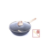 IGOZO 28cm Non-Stick Granite Stirfry Wok With Tempered Glass Lid (Free Wooden Spatula)