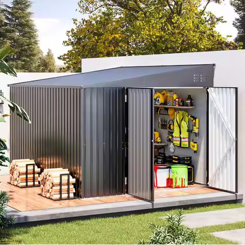 Shed Lean to Storage Shed, Large Outdoor 8' x 10' Metal Wall Side Bike Shed & Outdoor Storage, Garde