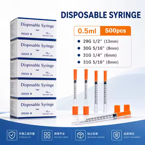 500pcs 0.5ml 50 Units Disposable Insulin Syringe Various Sizes 29G/30G/31G Individually Packed for L