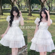 Váy babydoll dáng dài tay phồng 3 tầng cổ vuông tay bồng thắt dây-đầm dự tiệc đi chơi sang trọng màu