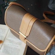 尋寶復古古董包-法國品牌Lancel卡其皮革實用多夾層長方側背包