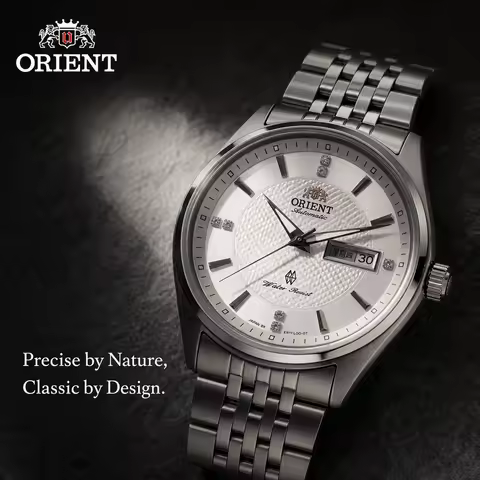 ORIENT Men Dual Calendar Automatic Watch Week Display Crystal Markers Stainless Steel Business Wrist