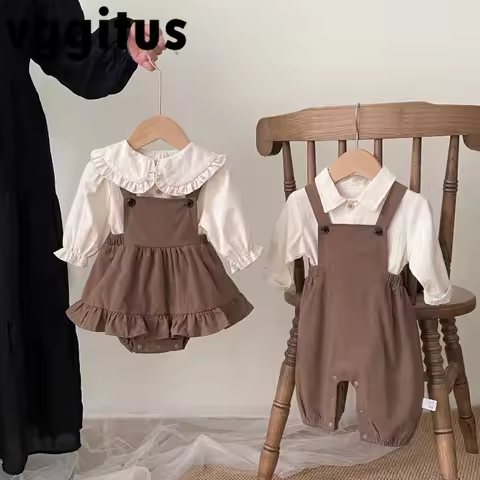 Brothers and Sisters Matching Outfits Spring Autumn Girl Peter Pan Collar Blouse+Sling Bodysuit Boys