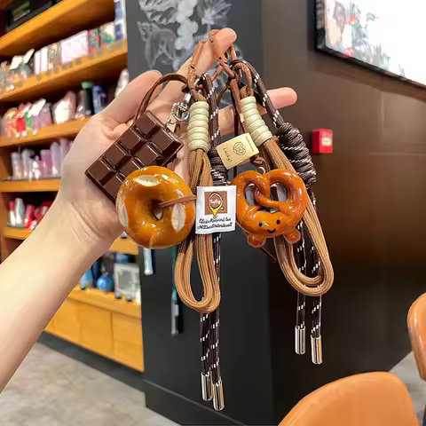 Creative Bowknot Woven Rope Keychain Chocolate Bagel Bread Keychain Polyester Anti-lost Bag Decorati