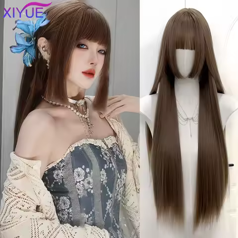 32Inch Honey Tea Flax Synthetic Wigs With Bang Long Natural Straight Hair Wig for Women Hime Cut Cos