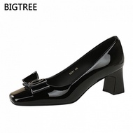 [5cm] BIGTREE Thick High Heels 6291-H89 Square Toe Elegant Design Patent Leather Comfortable Shoes