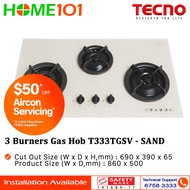 Tecno Tempered Glass Cooker Hob 3 Burners T333TGSV - Sand - LPG / PUB