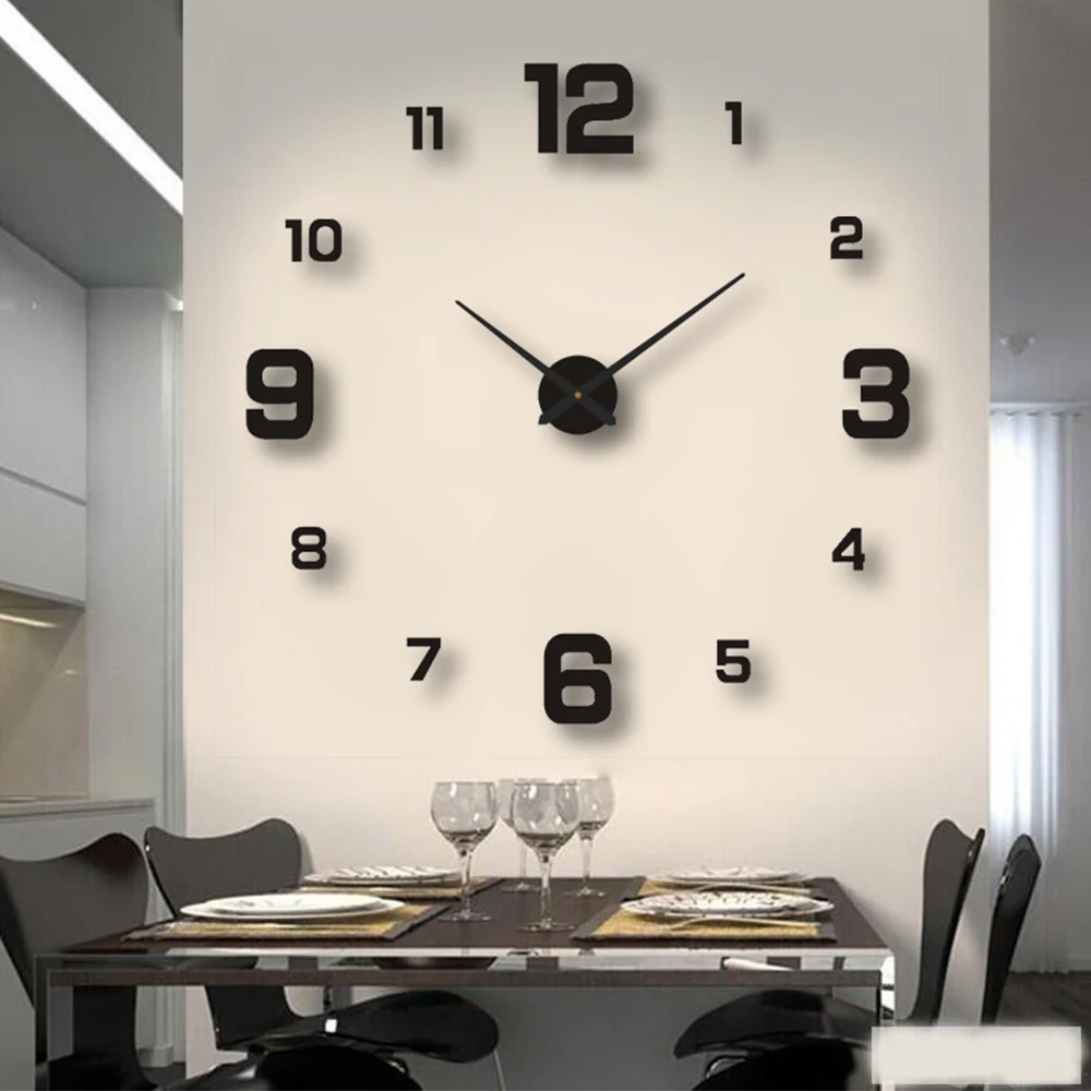 นาฬิกาแขวนผนังขนาดใหญ่ดีไซน์ทันสมัยนาฬิกาควอตซ์แบบทำมือ3D นาฬิกาแฟชั่นสติกเกอร์กระจกอะคริลิคห้องนั่งเล่นตกแต่งบ้าน horloge