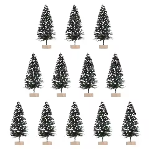 12Pcs Mini Xmas Trees Fake Snow Frost Wooden Base Holiday Decoration Set Artificial Mini Christmas T