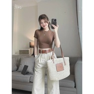 Women's fashion Set for going out, made of round neck, short sleeves, khaki pants with a super cute 